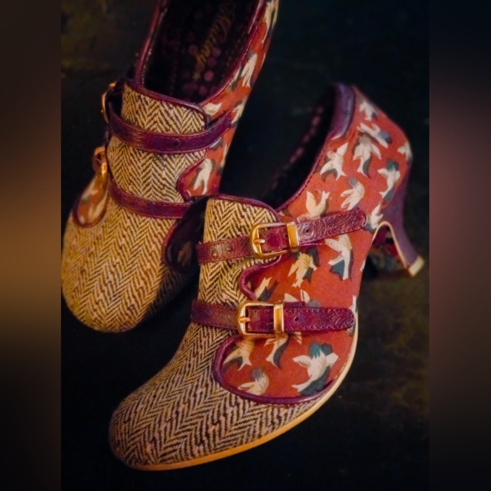 Irregular Choice Red Floral & Tan Herringbone Buckle Heels